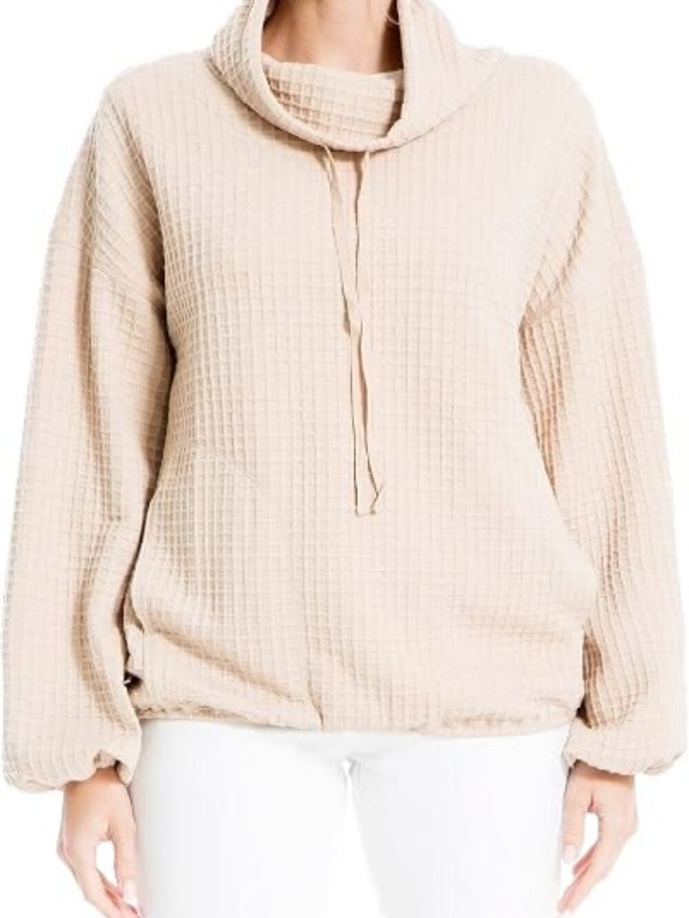 Max Studio Women's Funnel Neck Waffle Knit Pullover Shirt Tan Cream Size Medium